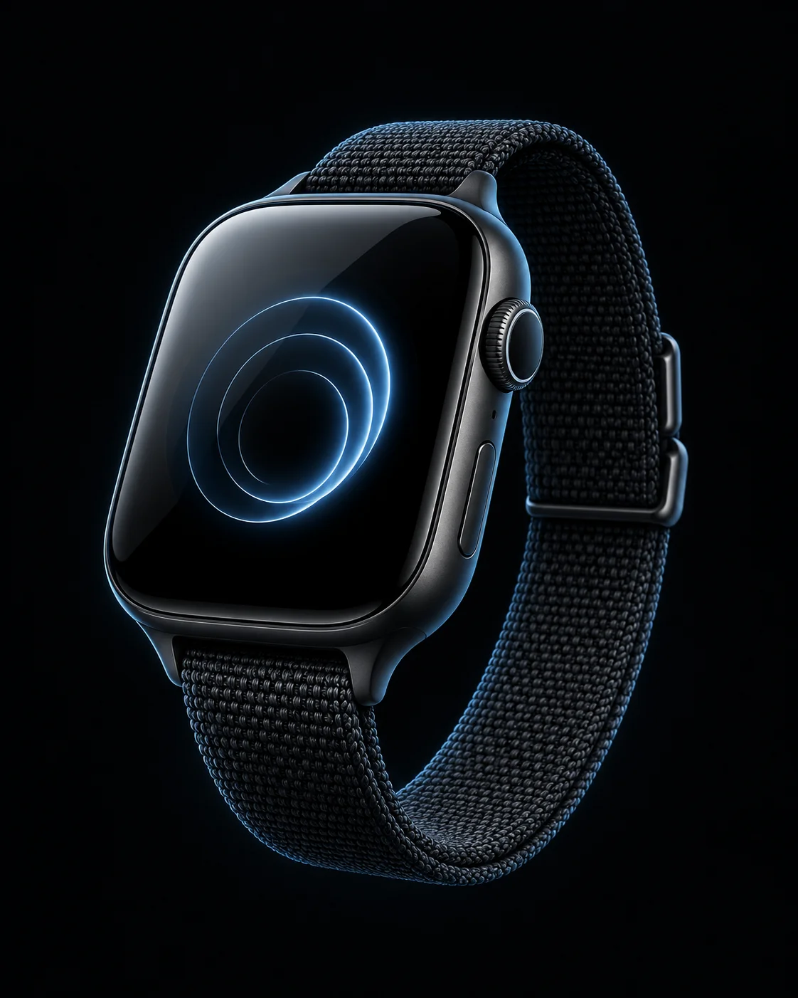 Concept smartwatch in matte graphite with a cyan memory motif and woven strap. This is an illustrative design, not a finished product.